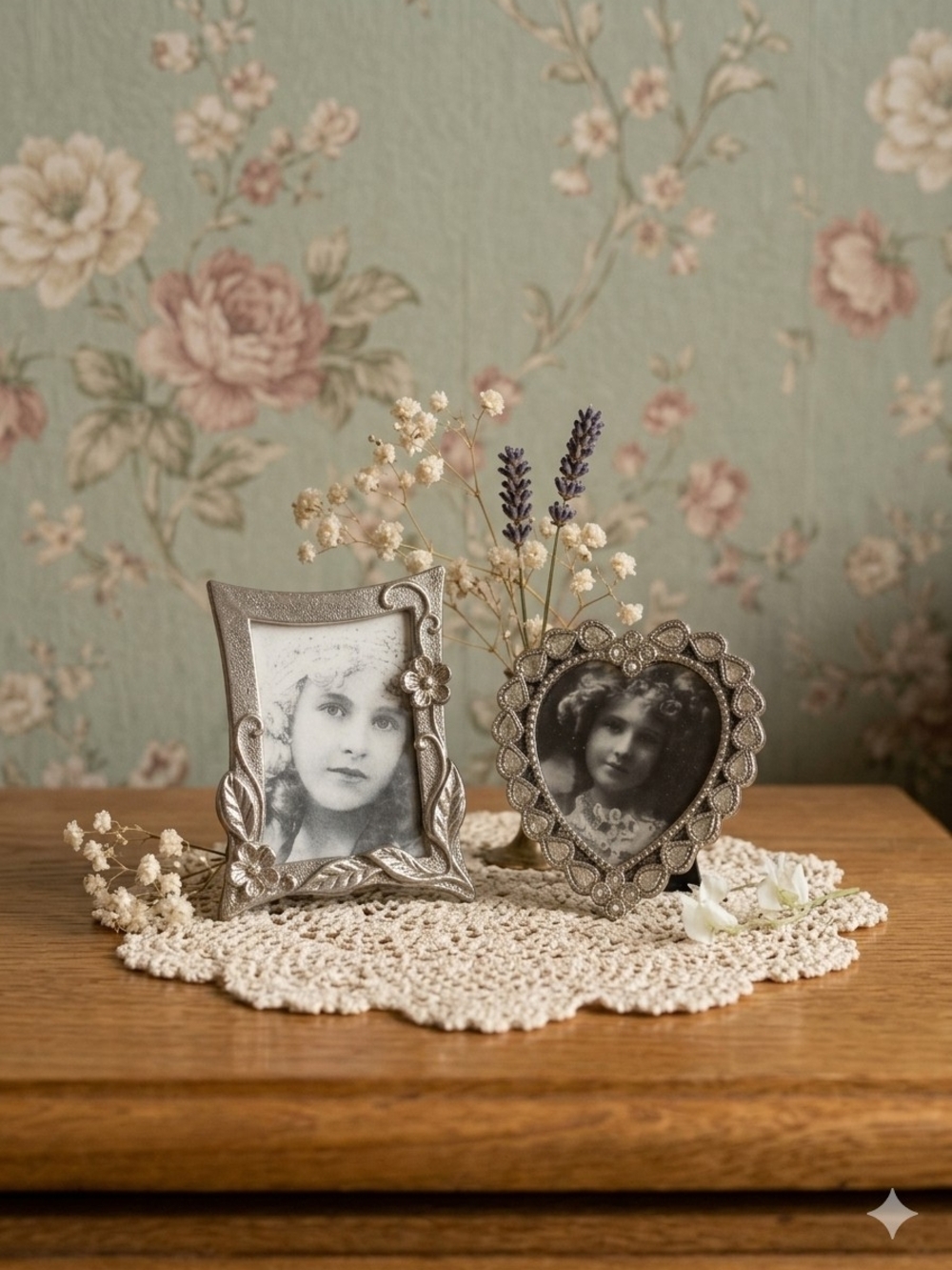 Set of 2 Mini Silver‑Tone Frames – Heart & Rectangular – Vintage Cottagecore Dec